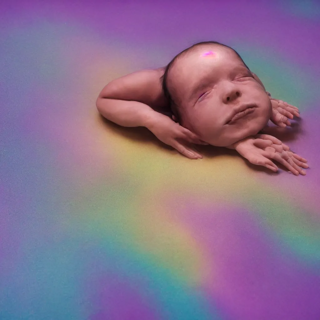 Image similar to cinestill close - up of iridiscent oil slick corpses connected by tubes to wax technical forms to a buried baby relaxing on yoga mat, faded, iridiscent gradient, purple fog, depth of field, blur, very detailed, by nadav kander and hans bellmer, 8 k, ultrarealistic, sad atmosphere, cinematic, 8 5 mm lens