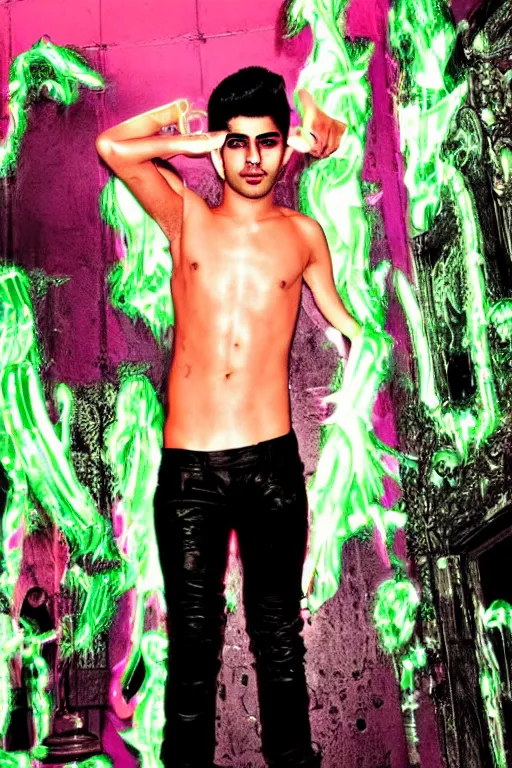 Prompt: full-body rococo and cyberpunk style neon statue of a young attractive Zayn Malik macho dotado prendido e rico android sim roupa reclining con las piernas abertas e la piroca dura, aroused, ethereal white dripping tar, glowing orange lasers, pink tigers, glowing eyes, silver prince crown, black gears, pink diamonds, swirling mint-colored silk fabric. futuristic elements. full-length view. human skulls. large intricate artwork by caravaggio. Trending on artstation, octane render, cinematic lighting from the right, hyper realism, octane render, 8k, depth of field, 3D