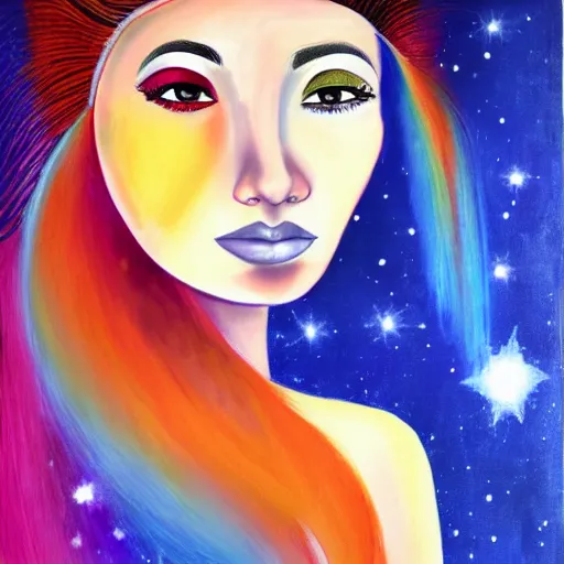 Image similar to beautiful portrait painting of woman with the cosmos as her hair.