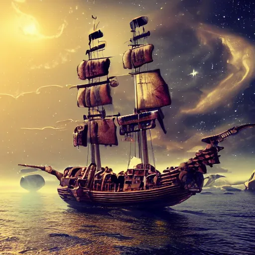 Image similar to a pirate ship with galaxies in the sky ,highly detailed, 4k, HDR, award-winning, artstation, octane render