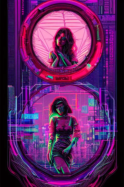 Image similar to dreamy cyberpunk girl, abstract mirrors, digital nodes, beautiful woman, detailed acrylic, grunge, intricate complexity, by dan mumford and by konstantinas ciurlionis