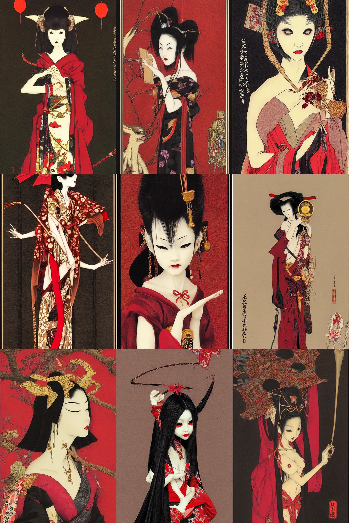 Prompt: painting of a japanese bjd geisha vampire with a long neck by brain froud, dave dorman, takato yamamoto in the style of thoth tarot card, dark - fantasy, red, gold black