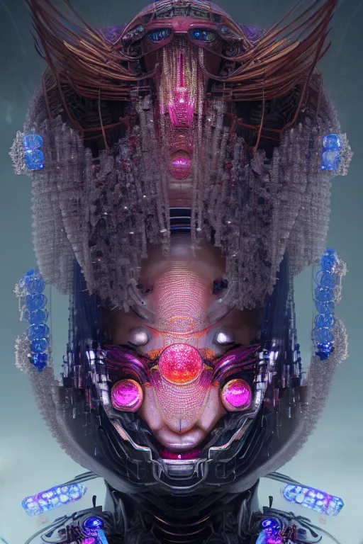 Image similar to asura from chinese myth, ghost, gorgeous and huge head ornaments, dystopian, cyberpunk, organic fractal mycelum and fungi, mecha, halfturn portrait of a big crystal face made of crystals half - turn, ominous, intricate, studio, art by anthony macbain + greg rutkowski + alphonse mucha, concept art, 4 k, sharp focus