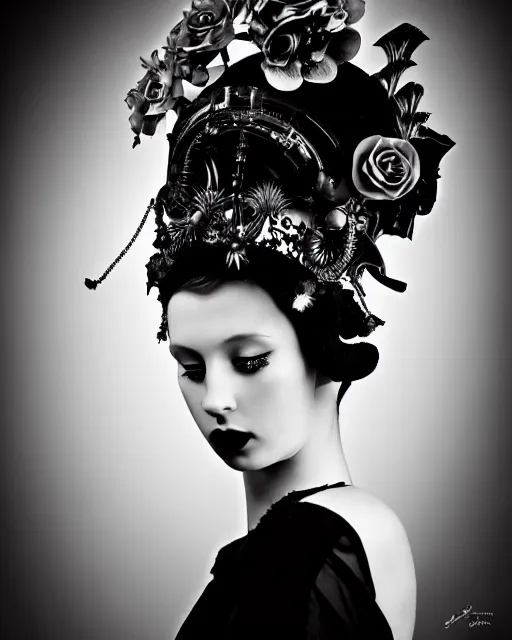 Prompt: a black and white high quality dreamy photo of a young beautiful female queen-pale dragon-vegetal-cyborg bust with a very long cyborg neck and a steampunk flower crown, elegant, highly detailed, poetic, soft, dreamy, mysterious, high fashion, in the style of Horst P. Horst, Metropolis, Realistic, Refined, Digital Art, Highly Detailed, Cinematic Lighting, rim light, black and white, photo-realistic, 8K