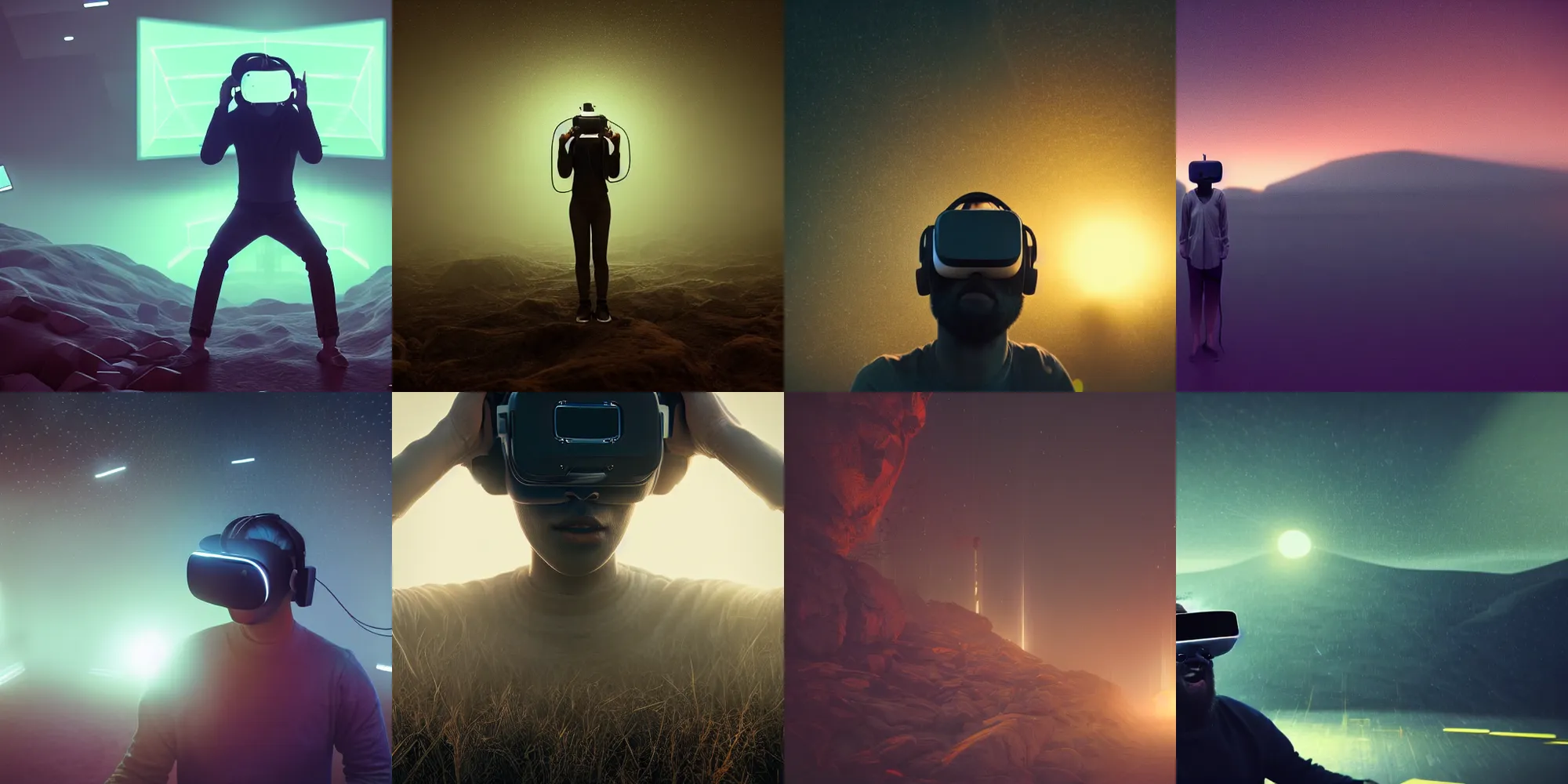 Image similar to beautiful dark landscape, person screaming wearing virtual reality, in the style of beeple and Mike Winkelmann, intricate, epic lighting, cinematic composition, hyper realistic, 8k resolution, unreal engine 5,