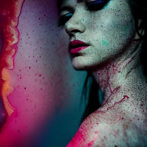 Image similar to beautiful female body silhouette, beautiful portrait, photography by amy leibowitz and filip fedorov, urban city photography, close up portrait, cinematic still, film still, magic hour, dark mood, cold colors, sony, kodak, long exposure, art noveau painting, liquid marble fluid painting, neon glow
