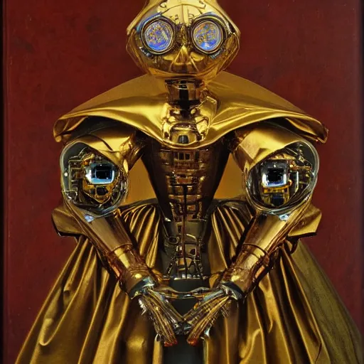 Image similar to a portrait of a shiny metallic renaissance steampunk robot, in the style of Jan van Eyck,