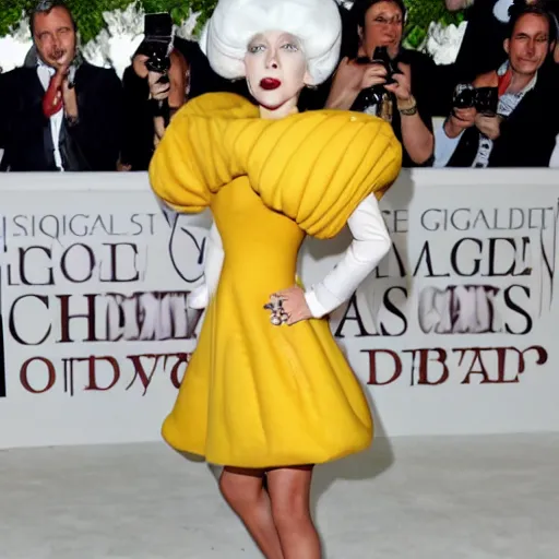 Image similar to lady gaga wearing a cheese based dress