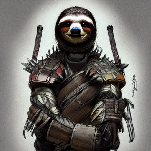 Image similar to graphic, hyperreal, portraiture illustration of anthropomorphic sloth in traditional samurai armor : : digital art, concept art, character development : : illustrated by artgerm, yoji shinkawa, scott buoncristiano, nychos