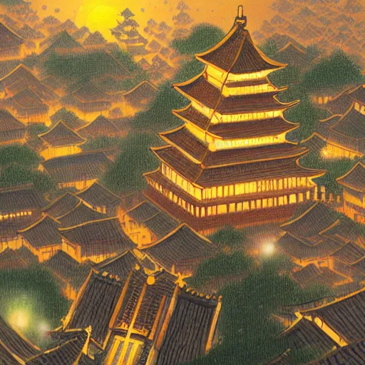 Image similar to A beautiful painting of the Ancient city in China at night by Victo Ngai, Hyakki Yako, effect, unreal engine, Trending on artstation，super wide view、Overhead view