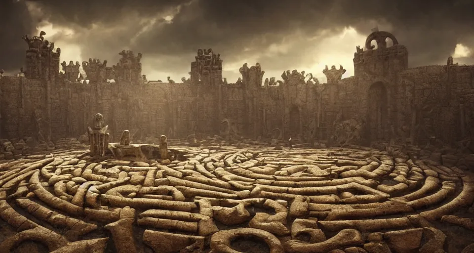 Image similar to circular bone labyrinth made out of giant bones, art deco medieval style, grimdark vibes, golden skeleton statue in center of labyrinth, abandoned vibes, gloomy moody clouds, god sun rays, complimentary color scheme, G liulian Art style, dynamic lighting, highly detailed, cinematic landscape, octane render, unreal engine