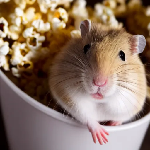 Image similar to photo of a hamster, full cheeks, eating popcorn from a bucket of popcorn, various poses, unedited, soft light, sharp focus, 8 k