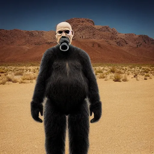 Prompt: !dream A realistic photo of Walter White wearing a gorilla suit with a gas mask on his head, cinematic lighting, New Mexico desert, RV