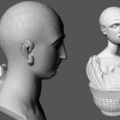 Image similar to a 3 d model of a white marble human head in a renaissance style holding a coctail, digital illustration, 3 d render, above the waist