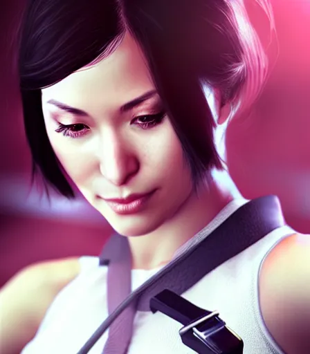 Image similar to beautiful portrait of a gorgeous personal trainer who looks like Ada Wong , character design by charlie bowater, ross tran, artgerm, and makoto shinkai, detailed, soft lighting, rendered in octane