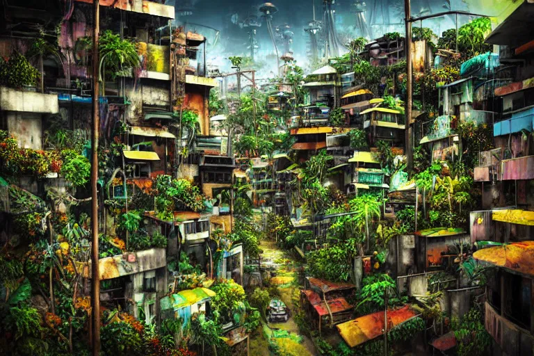 Image similar to favela winding cybernetic thrill ride, lush floral jungle environment, blooms, industrial factory, somber, apocalyptic, award winning art, epic dreamlike fantasy landscape, ultra realistic,