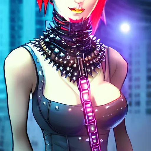 Image similar to an adult cyberpunk woman wearing large spiked punk collar, choker, steel choker, portrait, 4K, digital art, deviantart, artstation, neon, buildings in background,