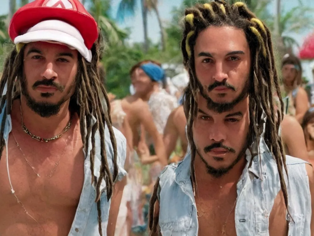 Image similar to Close up of Mario with dreads in a hat in Harmony Korine Spring Breakers film aesthetic!!! photorealistic