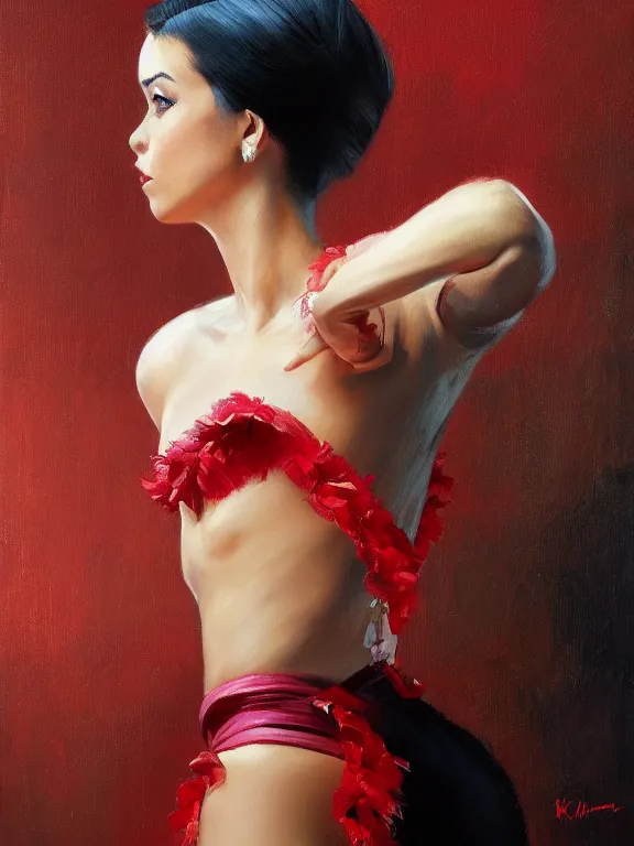 Prompt: an ultradetailed beautiful portrait painting of a girl as an spanish flamenco dancer, side view, oil painting, high resolution, by ilya kuvshinov, greg rutkowski and makoto shinkai