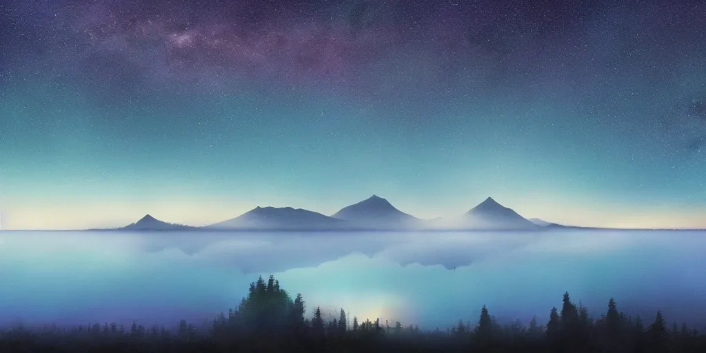 Prompt: a magic lake by night with fog mountains in the background and the milkyway in the sky by studio ghibli and hayao miyazaki and kazuo oga