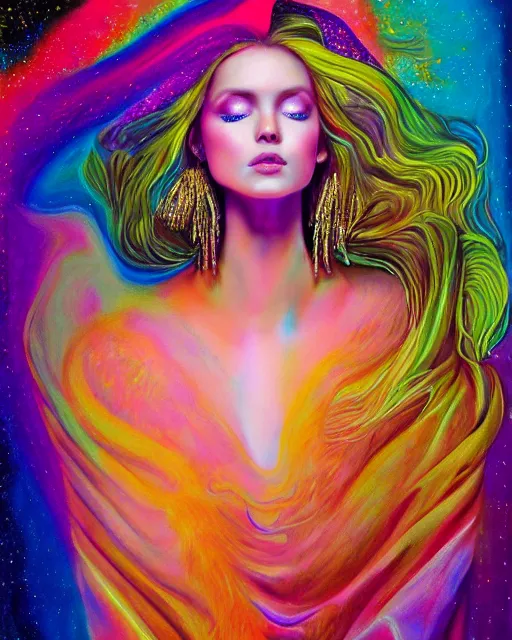 Image similar to realistic portrait of celestial being in silky clothes, psychedelic, light, glory, golden, delicate, hyper realism, ultra realistic, 8 k