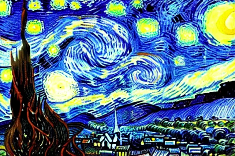 Image similar to Vincent van Gogh's Starry Night and Self Portrait combined