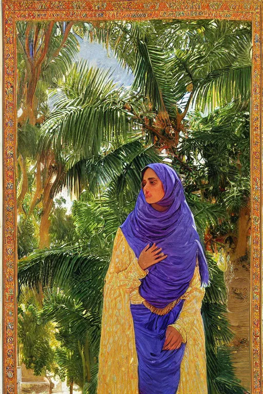 Image similar to a bakhtiari girl with golden detailed scarf set on a detailed persian carpet, tree palms in background, painting by john singer sargent