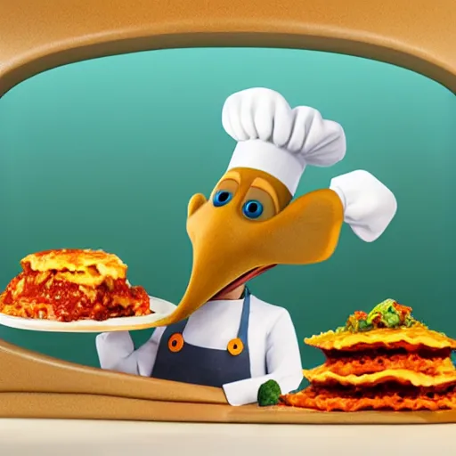 Prompt: pixar 3 d style cute platypus on a kitchen wearing a chef hat and holding a lasagna into an oven, with three basil leaves over the lasagna, pixar style, 3 d, ratatouille style