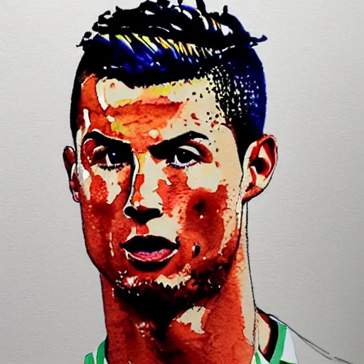 Prompt: highly detailed watercolor painting of Cristiano Ronaldo, trending on artstation,