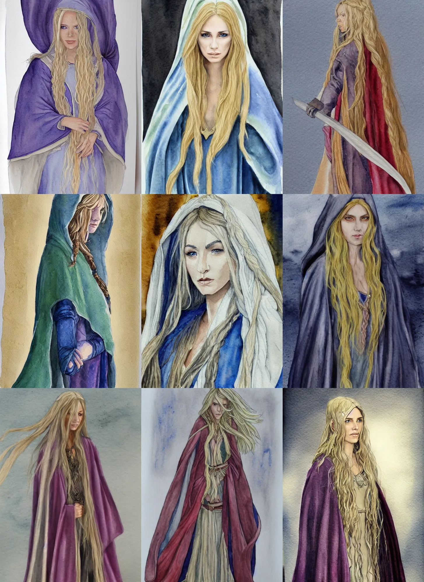 Prompt: watercolour of a female elven wizard with long wavy blond hair in a cloak, fantasy, hyperrealism