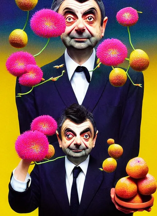 Image similar to hyper detailed 3d render like a Oil painting - kawaii portrait of Rowan Atkinson as Mr. Bean in Aurora seen Eating of the Strangling network of yellowcake aerochrome and milky Fruit and Her delicate Hands hold of gossamer polyp blossoms bring iridescent fungal flowers whose spores black the foolish stars by Jacek Yerka, Mariusz Lewandowski, Houdini algorithmic generative render, Abstract brush strokes, Masterpiece, Edward Hopper and James Gilleard, Zdzislaw Beksinski, Nicoletta Ceccoli, Wolfgang Lettl, hints of Yayoi Kasuma, octane render, 8k