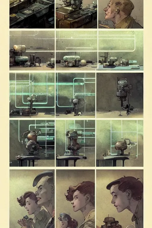 Image similar to graphic novel page layout ( ( ( ( ( 1 9 5 0 s retro future boy super scientest lab interior. muted colors. ) ) ) ) ) by jean - baptiste monge!!!!!!!!!!!!!!!!!!!!!!!!!!!!!!