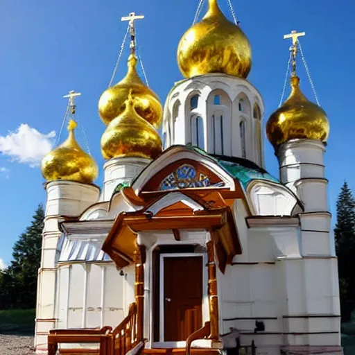Prompt: tiny home that looks exactly like saint volodymyr's cathedral but on a trailer