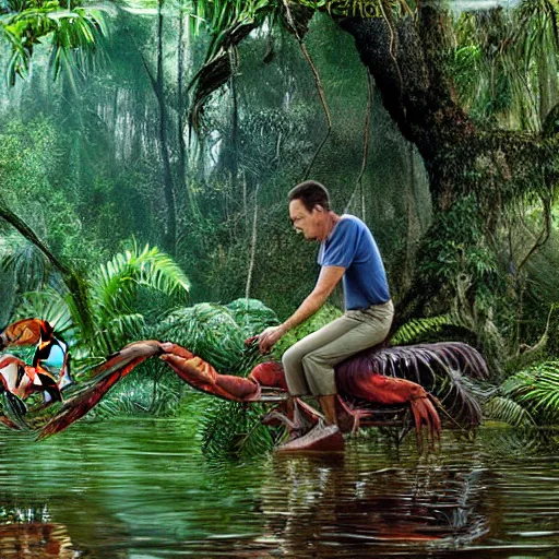 Image similar to Tom Hanks as forrest gump riding a giant shrimp in the jungle, realistic digital painting, photoreailstic, realistic face, amazing detail, sharp