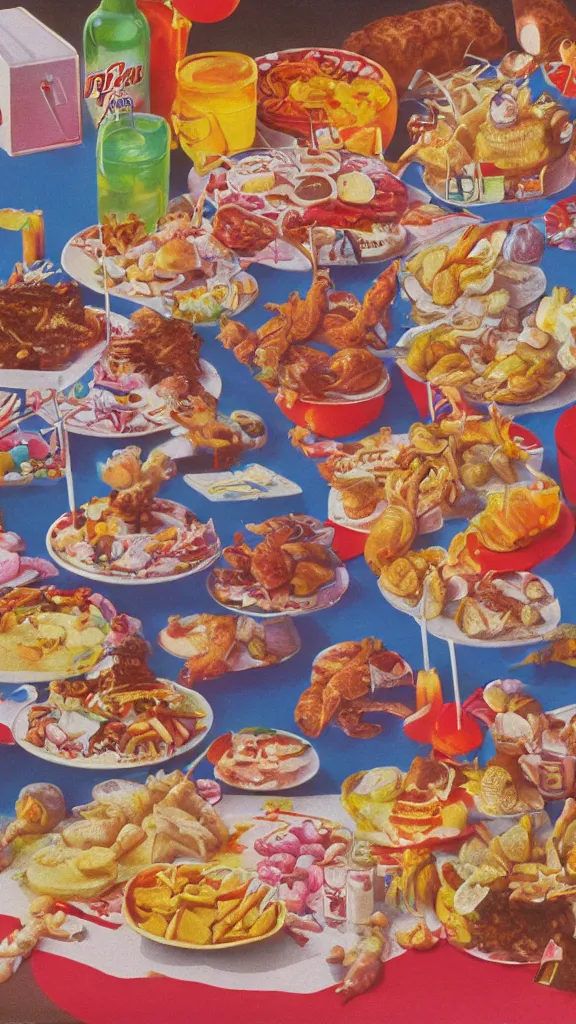 Image similar to 1 9 8 0 s airbrush surrealism illustration of a spread of party food, by ryo ohshita