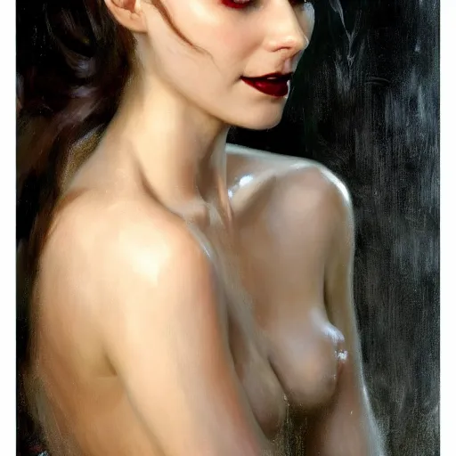 Image similar to detailed realistic cinematic wide shot of beautiful attractive lilly collins vampire woman wearing black bath robe slim face symettrical face clean skin black eyes black robe smooth, sharp focus, ultra realistic, spring light, painting by gaston bussiere, craig mullins, j. c. leyendecker