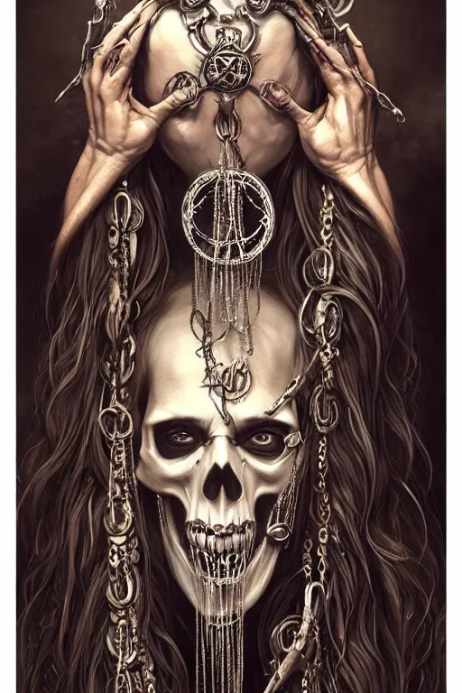 Prompt: evil angels that look like hippies with chain hair dancing with chains, fantasy, face with skull mask, long hair, intricate, elegant, highly detailed, digital painting, artstation, concept art, smooth, sharp focus, illustration, art by artgerm and greg rutkowski and aleister crowley