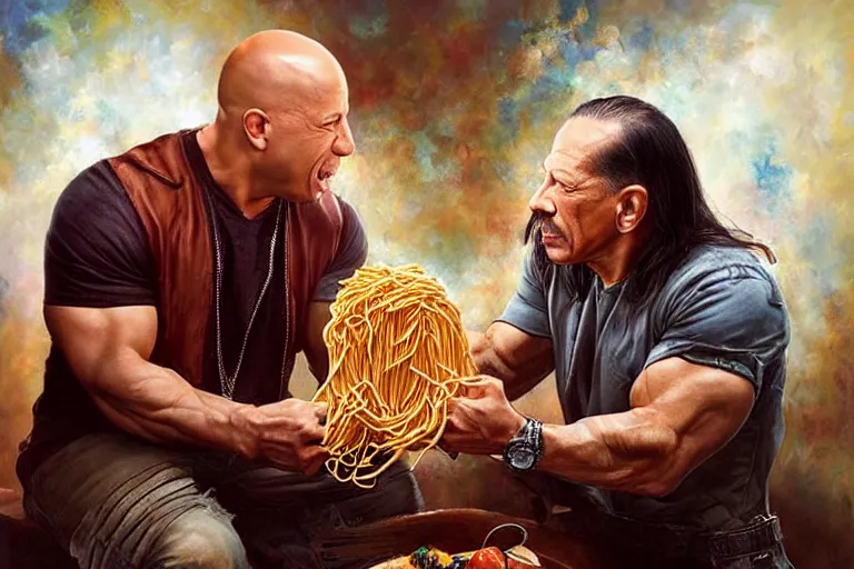 Image similar to portrait of vin diesel and danny trejo sharing spaghetti, an oil painting by ross tran and thomas kincade