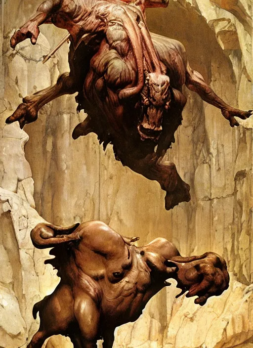 Image similar to full body portrait of a huge, miserable minotaur sitting in a dark cave, by boris vallejo and lawrence alma-tadema and simon bisley and greg manchess and zdzislaw beksinski and norman rockwell