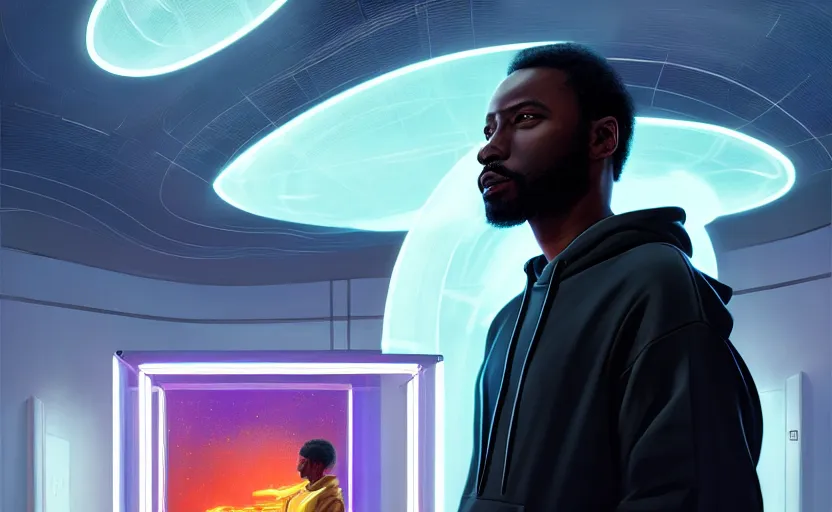 Prompt: portrait of handsome black genius wearing a hoodie in front several curved holographic displays, luxury condo interior, elegant atmosphere, glowing lights, highly detailed, digital painting, artstation, concept art, smooth, sharp focus, illustration, art by wlop, mars ravelo and greg rutkowski