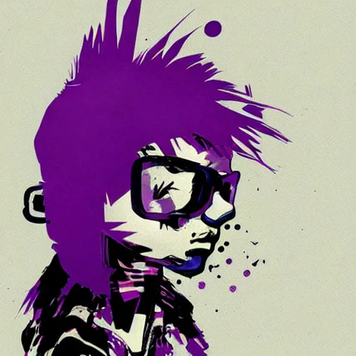 Prompt: Graphic Illustration, Creative Design, Glitch Art, Young Asian Woman with Purple Hair, by Ashley Wood and Jamie Hewlett