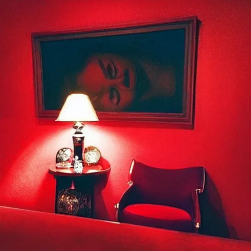 Image similar to “ woman in twin peaks red room, hyperdetailed, realistic lighting aesthetic, surreal vibes ”