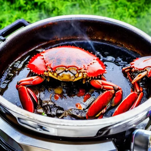 crabs boiling in pot on propane burner, lots of steam Stable