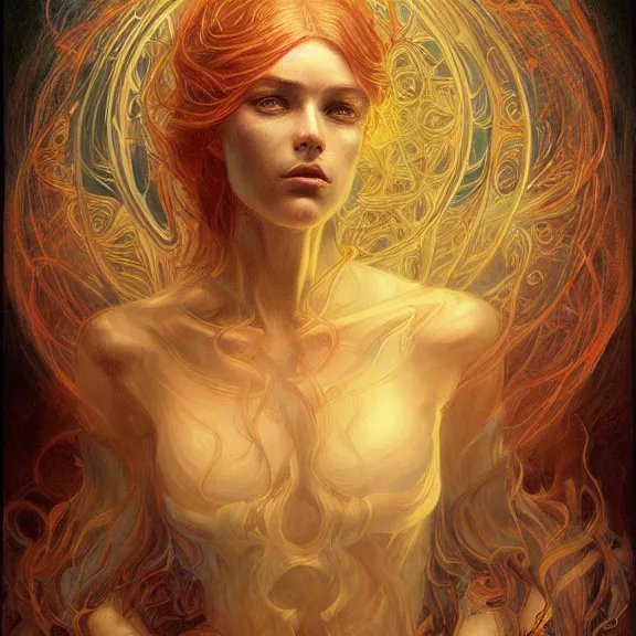 Prompt: a highly detailed beautiful portrait in the style of jean delville and in the style of peter mohrbacher. glowing runes of magical power.