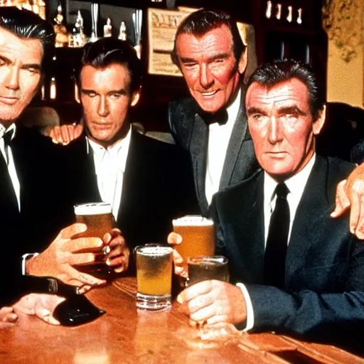 Prompt: Pierce Brosnan, Sean Connery, Daniel Craig, Roger Moore, Timothy Dalton and George Lazenby sitting in an Irish pub drinking beers and laughing