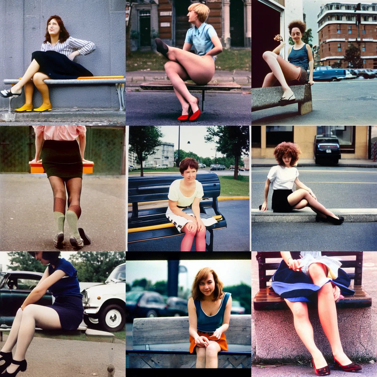 Prompt: A woman, sit on a bench, mini-skirt, short hair, tights, building, car; the street, summer; 90's professional color photograph, close up, view from front.