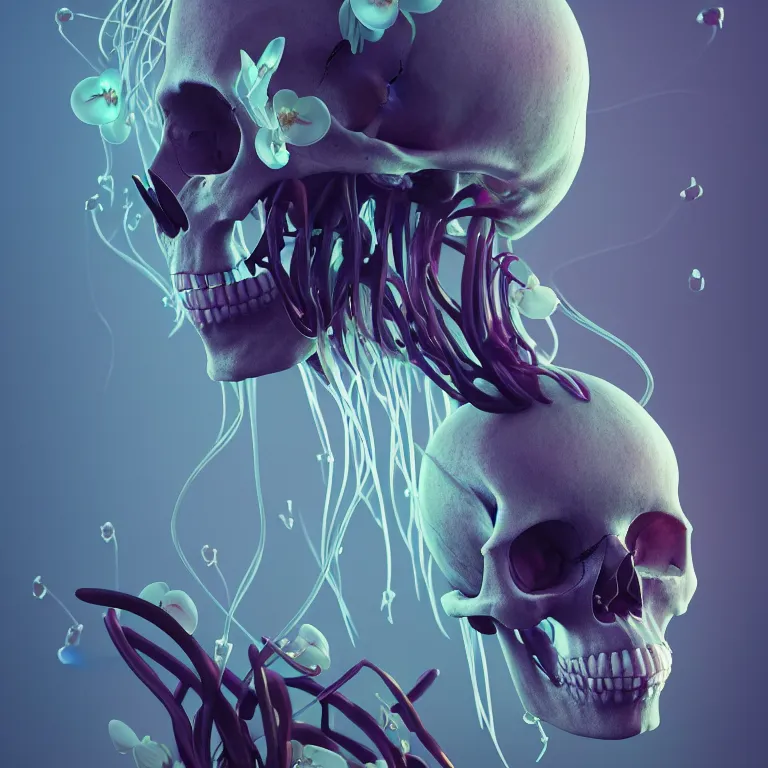 Image similar to portrait of skull and orchids, bio luminescent jellyfish, intricate artwork by Tooth Wu and wlop and beeple. octane render, trending on artstation, greg rutkowski very coherent symmetrical artwork. cinematic, hyper realism, high detail, octane render, 8k