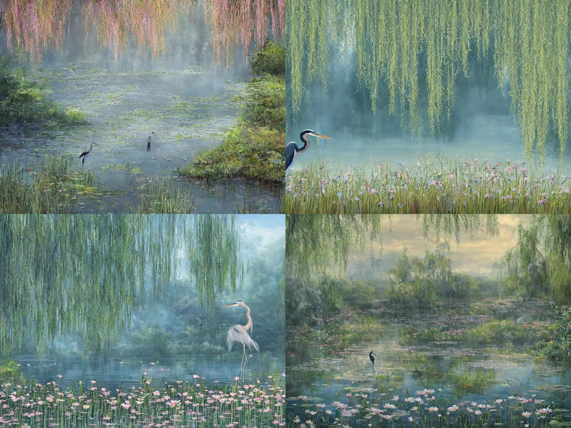 Prompt: a beautiful painting of blue heron in shallow river with waterfalls in distance, lake surrounded by beautiful willow and cherry blosom trees, lily pads, bullrushes, marsh, puffy clouds, morning dawn, intricate, highly detailed digital art, sylized, featured on artstation, by Artgerm and Mikko Lagerstedt