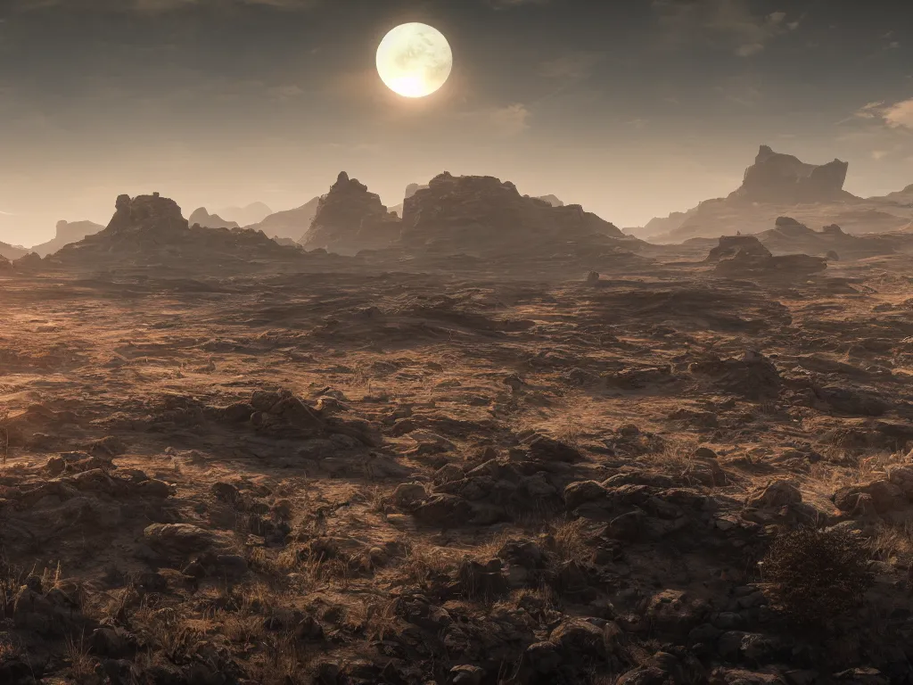 Image similar to Desolate and grand alien landscape, hdr, ue5, unreal engine 5, cinematic 4k wallpaper, ultra detailed, high resolution, artstation, award winning.