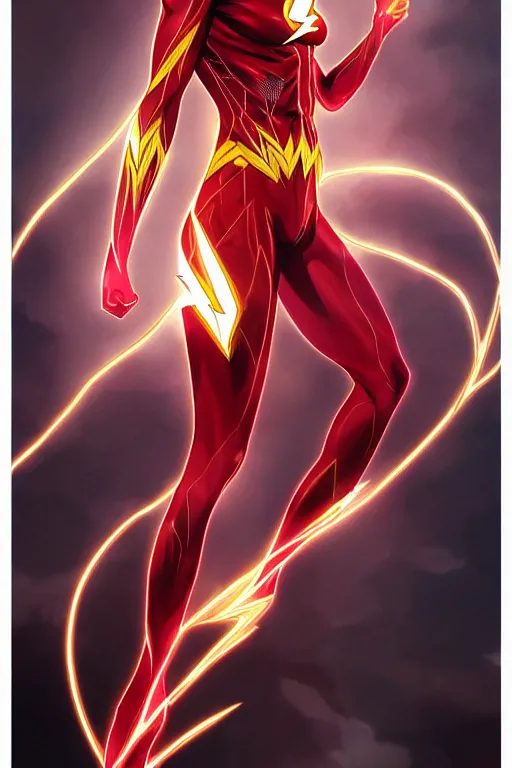 Image similar to anime key visual of a beautiful female the flash!! intricate, red, black, gold suit, powers, speed, lightning hate, dc comics, cinematic, stunning, highly detailed, digital painting, artstation, smooth, hard focus, illustration, art by artgerm and greg rutkowski and alphonse mucha